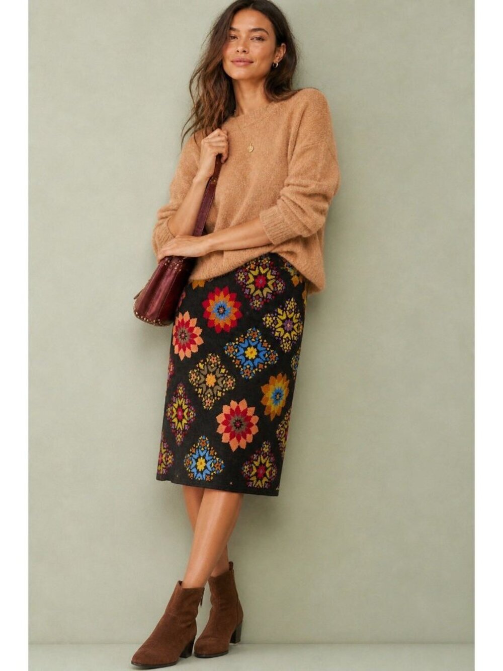 Maeve Anthropologie Floral Granny Square Skirt Women XXS Knit Boho Rainbow Flowe